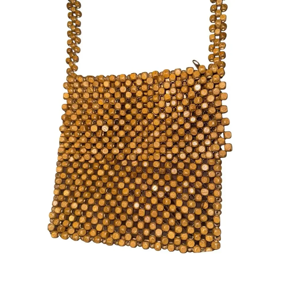 Wooden Beaded Crossbody Bag Purse Boho Hippie Granola Natural Textured‎ 7x7.5